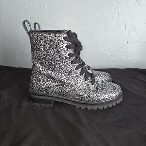 Kate Spade Silver Glitter Lace-Up Combat Boots